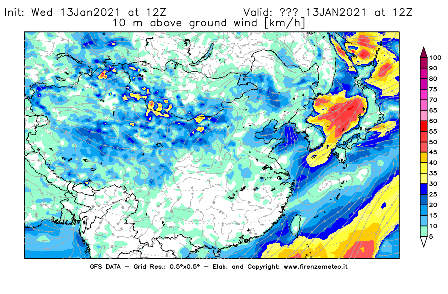 Mappa di analisi GFS - Velocità del vento a 10 metri dal suolo [km/h] in Asia Orientale
							del 13/01/2021 12 <!--googleoff: index-->UTC<!--googleon: index-->