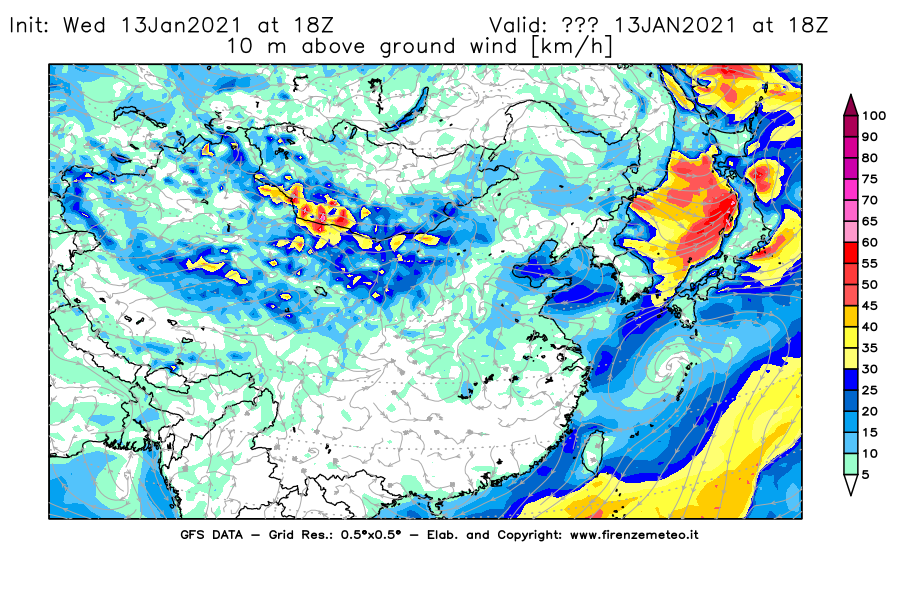 Mappa di analisi GFS - Velocità del vento a 10 metri dal suolo [km/h] in Asia Orientale
							del 13/01/2021 18 <!--googleoff: index-->UTC<!--googleon: index-->