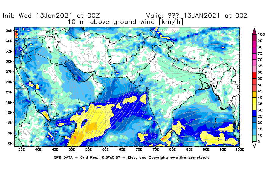 Mappa di analisi GFS - Velocità del vento a 10 metri dal suolo [km/h] in Asia Sud-Occidentale
							del 13/01/2021 00 <!--googleoff: index-->UTC<!--googleon: index-->
