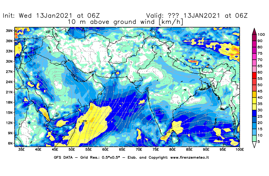 Mappa di analisi GFS - Velocità del vento a 10 metri dal suolo [km/h] in Asia Sud-Occidentale
							del 13/01/2021 06 <!--googleoff: index-->UTC<!--googleon: index-->