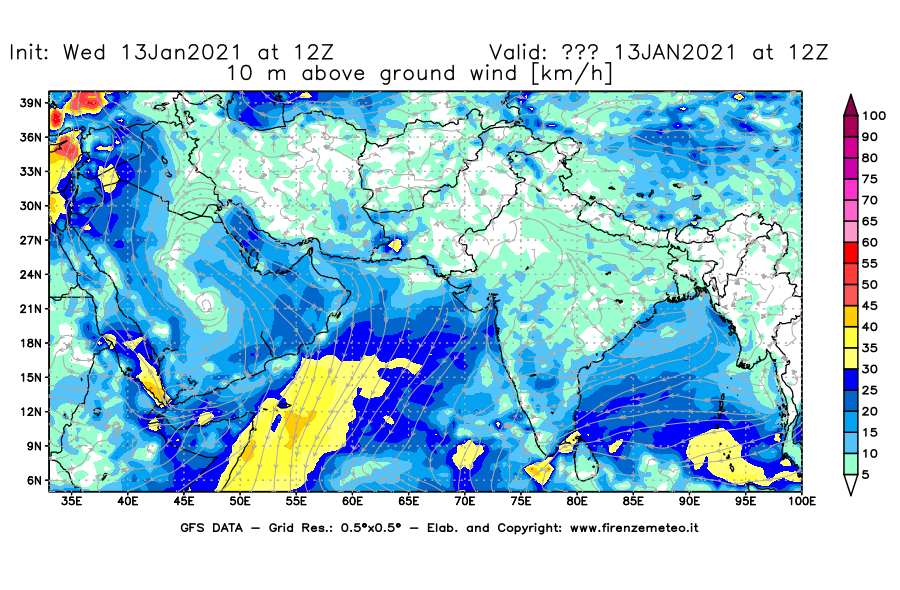Mappa di analisi GFS - Velocità del vento a 10 metri dal suolo [km/h] in Asia Sud-Occidentale
							del 13/01/2021 12 <!--googleoff: index-->UTC<!--googleon: index-->