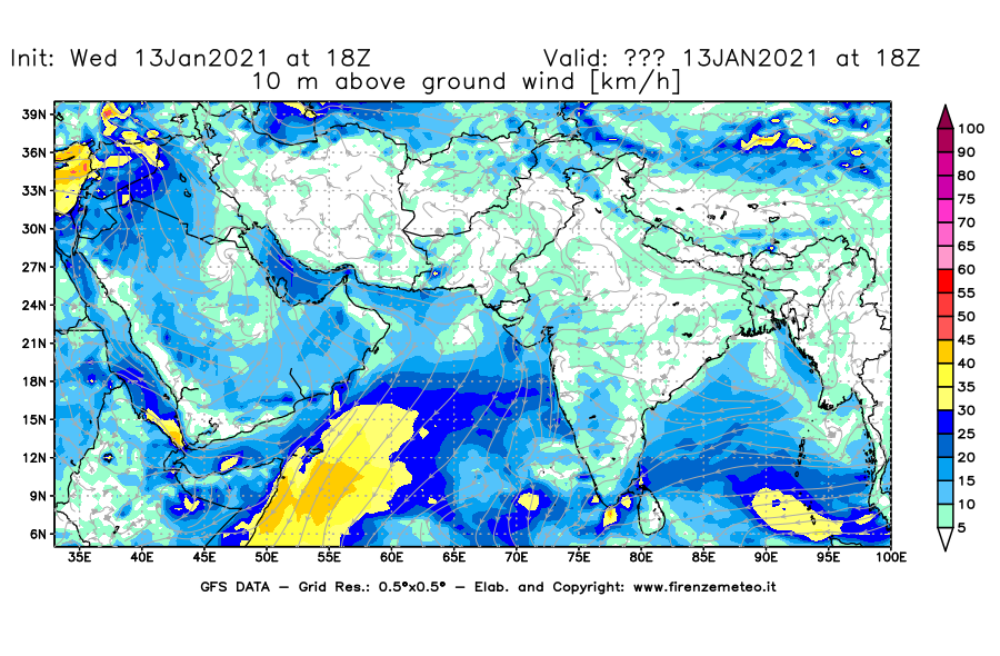 Mappa di analisi GFS - Velocità del vento a 10 metri dal suolo [km/h] in Asia Sud-Occidentale
							del 13/01/2021 18 <!--googleoff: index-->UTC<!--googleon: index-->
