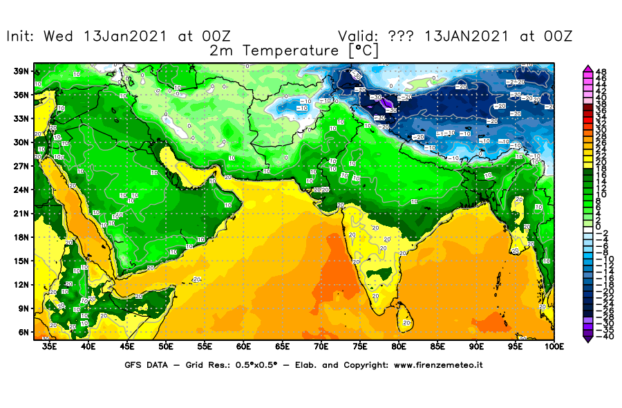 Mappa di analisi GFS - Temperatura a 2 metri dal suolo [°C] in Asia Sud-Occidentale
							del 13/01/2021 00 <!--googleoff: index-->UTC<!--googleon: index-->