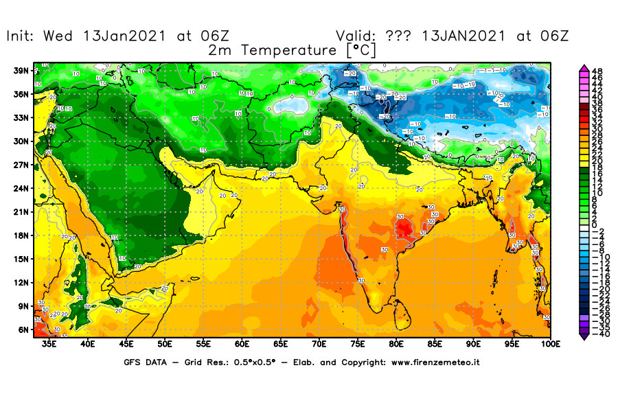 Mappa di analisi GFS - Temperatura a 2 metri dal suolo [°C] in Asia Sud-Occidentale
							del 13/01/2021 06 <!--googleoff: index-->UTC<!--googleon: index-->