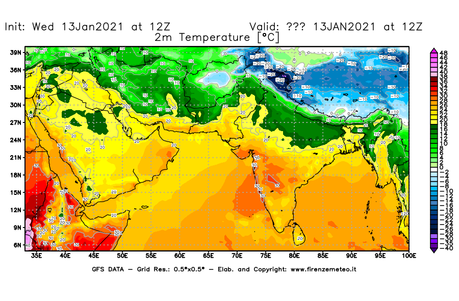 Mappa di analisi GFS - Temperatura a 2 metri dal suolo [°C] in Asia Sud-Occidentale
							del 13/01/2021 12 <!--googleoff: index-->UTC<!--googleon: index-->