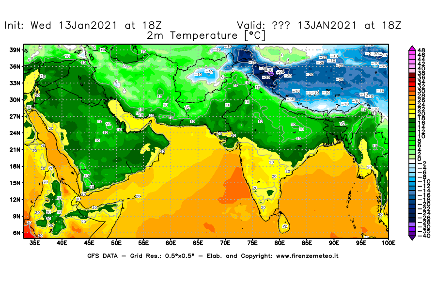 Mappa di analisi GFS - Temperatura a 2 metri dal suolo [°C] in Asia Sud-Occidentale
							del 13/01/2021 18 <!--googleoff: index-->UTC<!--googleon: index-->