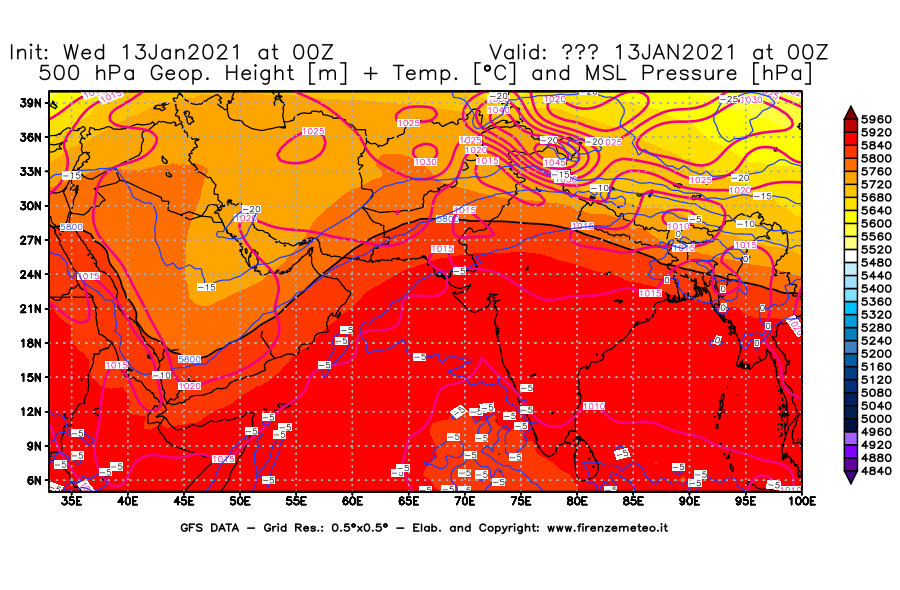Mappa di analisi GFS - Geopotenziale [m] + Temp. [°C] a 500 hPa + Press. a livello del mare [hPa] in Asia Sud-Occidentale
							del 13/01/2021 00 <!--googleoff: index-->UTC<!--googleon: index-->