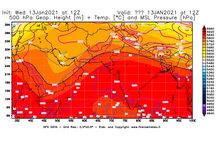 Mappa di analisi GFS - Geopotenziale [m] + Temp. [°C] a 500 hPa + Press. a livello del mare [hPa] in Asia Sud-Occidentale
							del 13/01/2021 12 <!--googleoff: index-->UTC<!--googleon: index-->