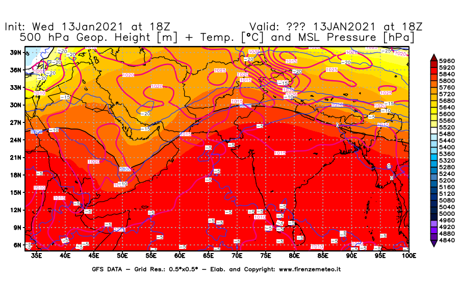 Mappa di analisi GFS - Geopotenziale [m] + Temp. [°C] a 500 hPa + Press. a livello del mare [hPa] in Asia Sud-Occidentale
							del 13/01/2021 18 <!--googleoff: index-->UTC<!--googleon: index-->