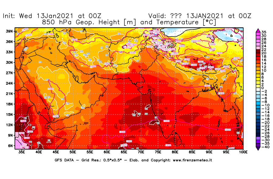 Mappa di analisi GFS - Geopotenziale [m] e Temperatura [°C] a 850 hPa in Asia Sud-Occidentale
							del 13/01/2021 00 <!--googleoff: index-->UTC<!--googleon: index-->