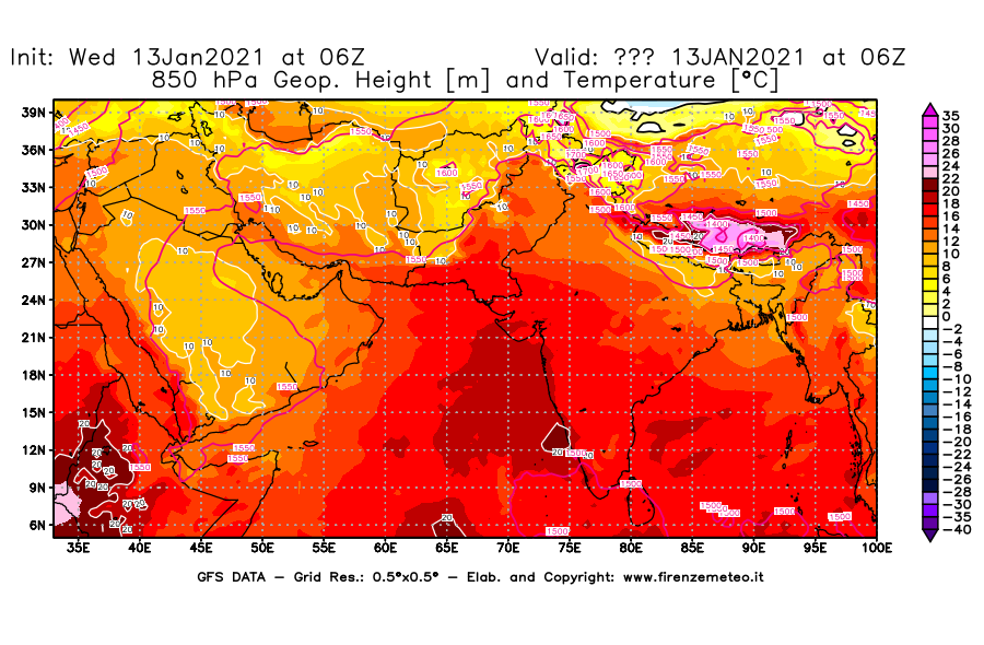 Mappa di analisi GFS - Geopotenziale [m] e Temperatura [°C] a 850 hPa in Asia Sud-Occidentale
							del 13/01/2021 06 <!--googleoff: index-->UTC<!--googleon: index-->