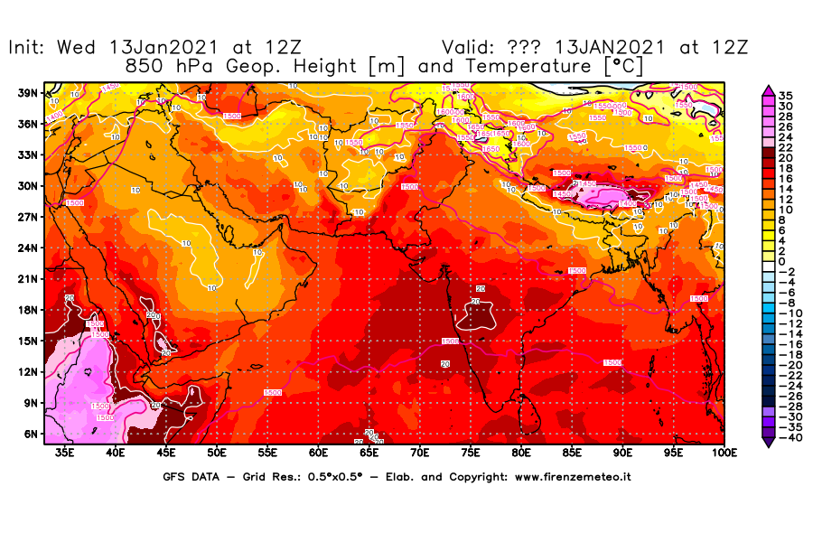 Mappa di analisi GFS - Geopotenziale [m] e Temperatura [°C] a 850 hPa in Asia Sud-Occidentale
							del 13/01/2021 12 <!--googleoff: index-->UTC<!--googleon: index-->