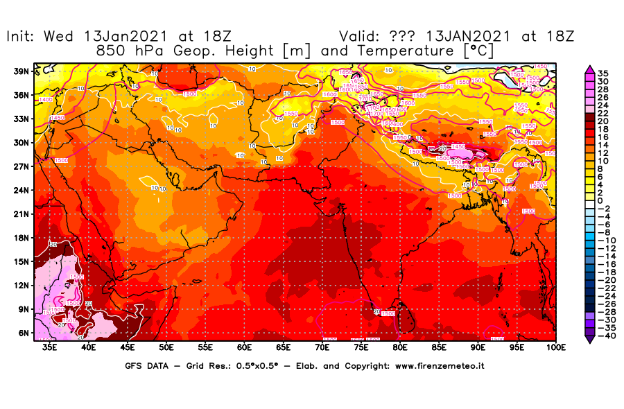 Mappa di analisi GFS - Geopotenziale [m] e Temperatura [°C] a 850 hPa in Asia Sud-Occidentale
							del 13/01/2021 18 <!--googleoff: index-->UTC<!--googleon: index-->