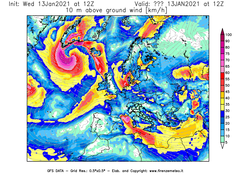 Mappa di analisi GFS - Velocità del vento a 10 metri dal suolo [km/h] in Europa
							del 13/01/2021 12 <!--googleoff: index-->UTC<!--googleon: index-->
