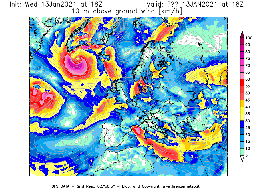 Mappa di analisi GFS - Velocità del vento a 10 metri dal suolo [km/h] in Europa
							del 13/01/2021 18 <!--googleoff: index-->UTC<!--googleon: index-->