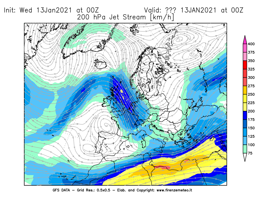 Mappa di analisi GFS - Jet Stream a 200 hPa in Europa
							del 13/01/2021 00 <!--googleoff: index-->UTC<!--googleon: index-->