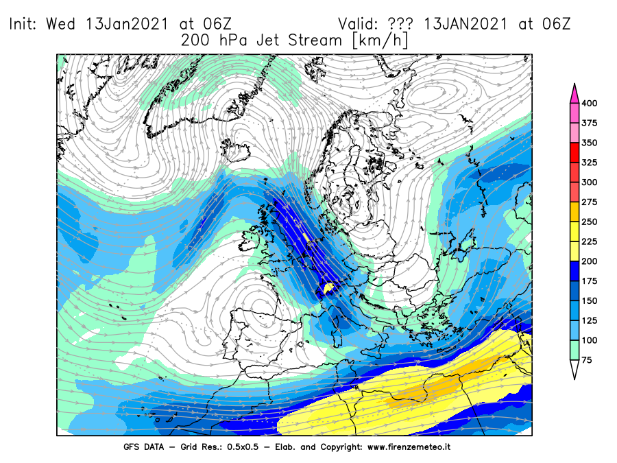 Mappa di analisi GFS - Jet Stream a 200 hPa in Europa
							del 13/01/2021 06 <!--googleoff: index-->UTC<!--googleon: index-->