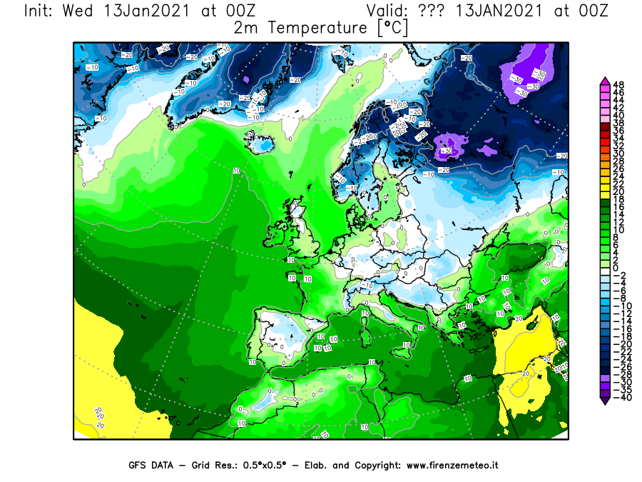 Mappa di analisi GFS - Temperatura a 2 metri dal suolo [°C] in Europa
							del 13/01/2021 00 <!--googleoff: index-->UTC<!--googleon: index-->