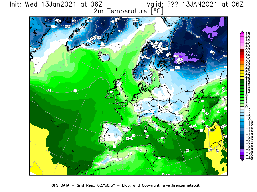 Mappa di analisi GFS - Temperatura a 2 metri dal suolo [°C] in Europa
							del 13/01/2021 06 <!--googleoff: index-->UTC<!--googleon: index-->