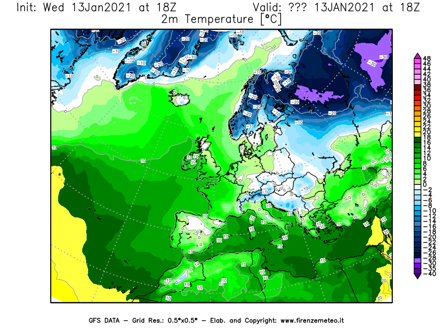 Mappa di analisi GFS - Temperatura a 2 metri dal suolo [°C] in Europa
							del 13/01/2021 18 <!--googleoff: index-->UTC<!--googleon: index-->