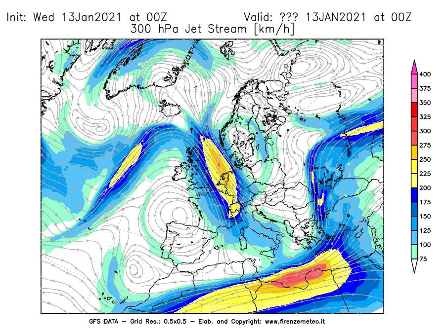 Mappa di analisi GFS - Jet Stream a 300 hPa in Europa
							del 13/01/2021 00 <!--googleoff: index-->UTC<!--googleon: index-->