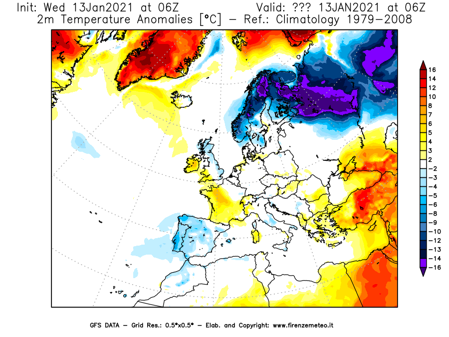 Mappa di analisi GFS - Anomalia Temperatura [°C] a 2 m in Europa
							del 13/01/2021 06 <!--googleoff: index-->UTC<!--googleon: index-->
