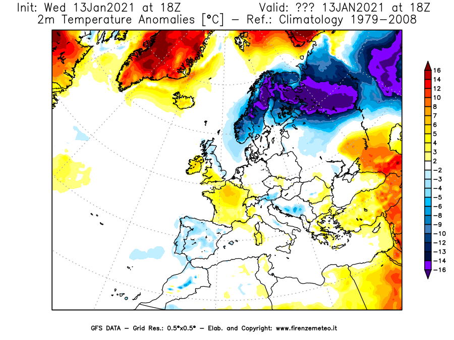 Mappa di analisi GFS - Anomalia Temperatura [°C] a 2 m in Europa
							del 13/01/2021 18 <!--googleoff: index-->UTC<!--googleon: index-->