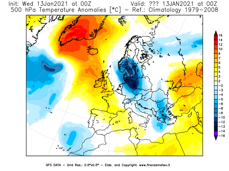 Mappa di analisi GFS - Anomalia Temperatura [°C] a 500 hPa in Europa
							del 13/01/2021 00 <!--googleoff: index-->UTC<!--googleon: index-->