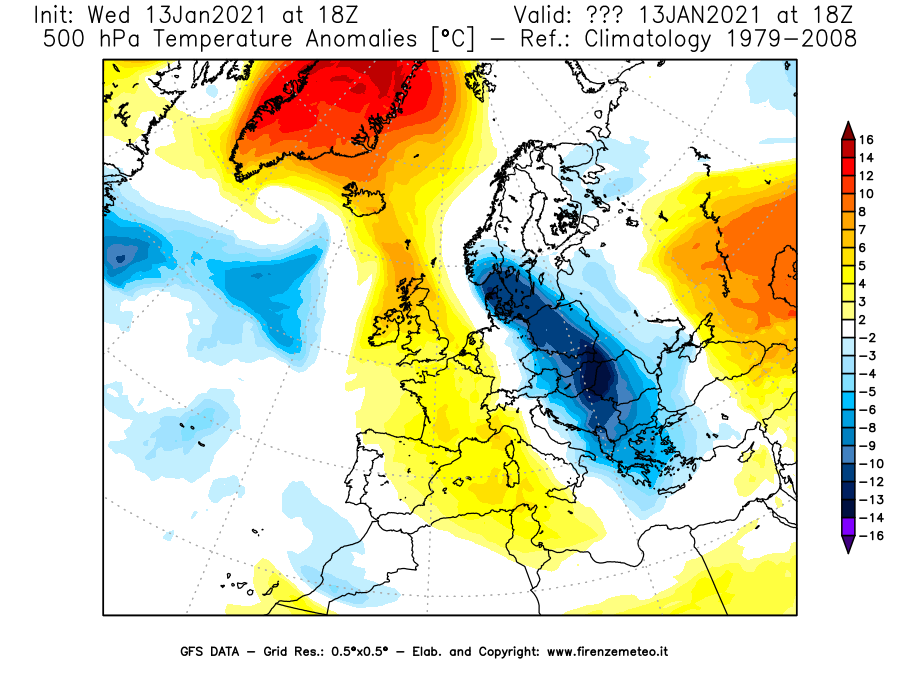 Mappa di analisi GFS - Anomalia Temperatura [°C] a 500 hPa in Europa
							del 13/01/2021 18 <!--googleoff: index-->UTC<!--googleon: index-->