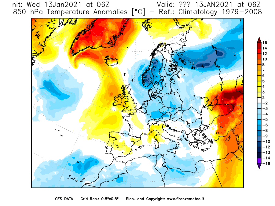 Mappa di analisi GFS - Anomalia Temperatura [°C] a 850 hPa in Europa
							del 13/01/2021 06 <!--googleoff: index-->UTC<!--googleon: index-->