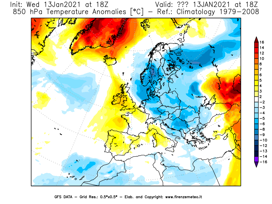 Mappa di analisi GFS - Anomalia Temperatura [°C] a 850 hPa in Europa
							del 13/01/2021 18 <!--googleoff: index-->UTC<!--googleon: index-->