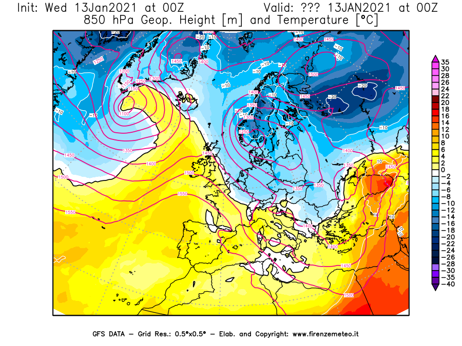 Mappa di analisi GFS - Geopotenziale [m] e Temperatura [°C] a 850 hPa in Europa
							del 13/01/2021 00 <!--googleoff: index-->UTC<!--googleon: index-->