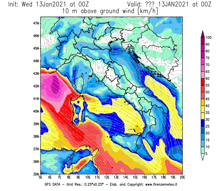 Mappa di analisi GFS - Velocità del vento a 10 metri dal suolo [km/h] in Italia
							del 13/01/2021 00 <!--googleoff: index-->UTC<!--googleon: index-->