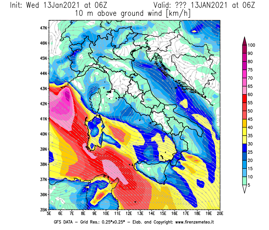 Mappa di analisi GFS - Velocità del vento a 10 metri dal suolo [km/h] in Italia
							del 13/01/2021 06 <!--googleoff: index-->UTC<!--googleon: index-->