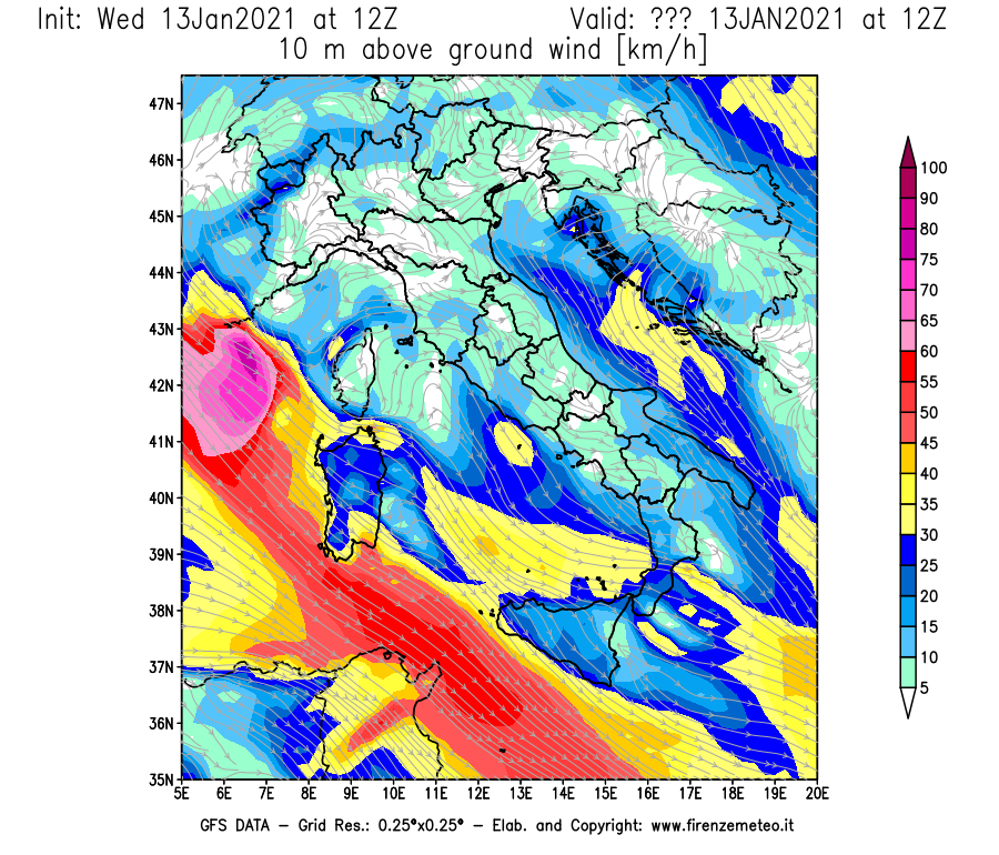 Mappa di analisi GFS - Velocità del vento a 10 metri dal suolo [km/h] in Italia
							del 13/01/2021 12 <!--googleoff: index-->UTC<!--googleon: index-->