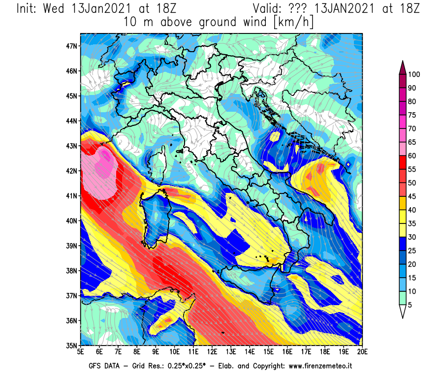 Mappa di analisi GFS - Velocità del vento a 10 metri dal suolo [km/h] in Italia
							del 13/01/2021 18 <!--googleoff: index-->UTC<!--googleon: index-->
