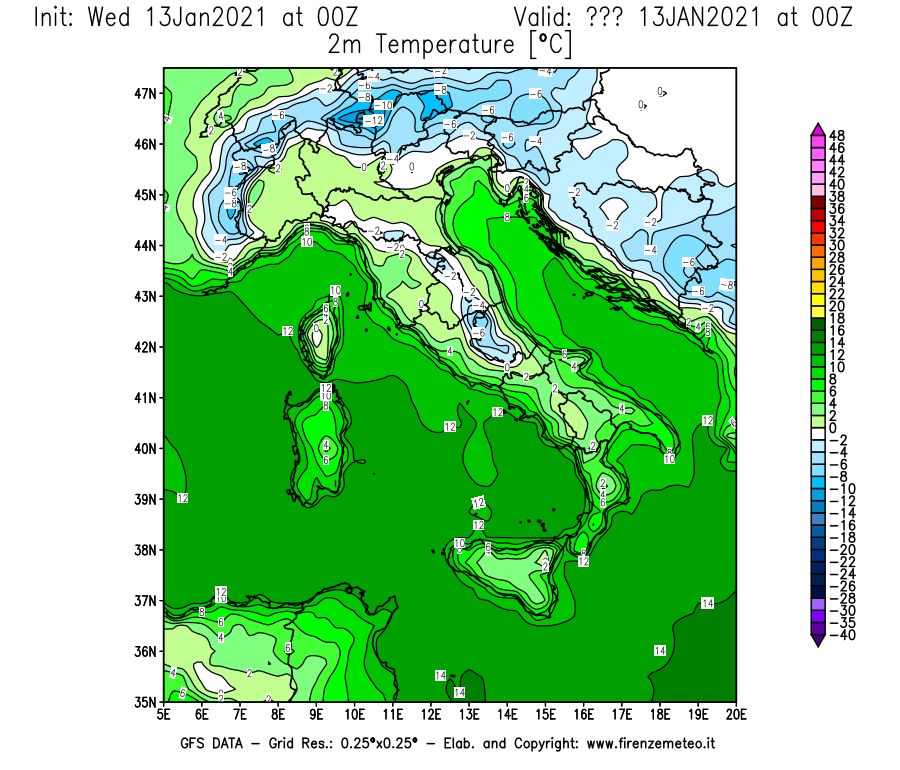 Mappa di analisi GFS - Temperatura a 2 metri dal suolo [°C] in Italia
							del 13/01/2021 00 <!--googleoff: index-->UTC<!--googleon: index-->