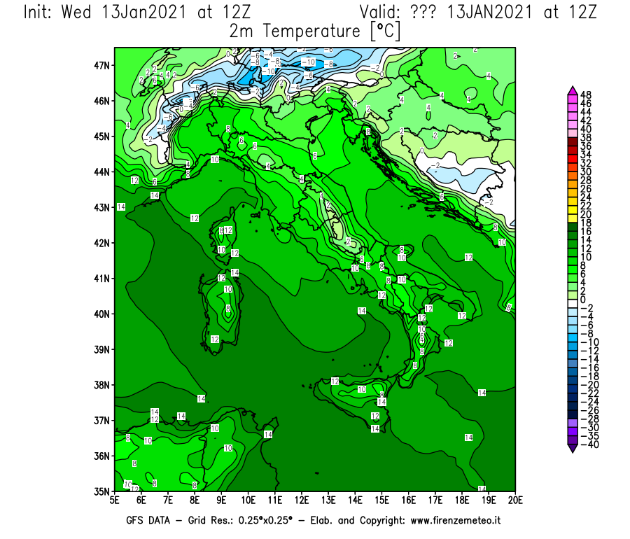 Mappa di analisi GFS - Temperatura a 2 metri dal suolo [°C] in Italia
							del 13/01/2021 12 <!--googleoff: index-->UTC<!--googleon: index-->