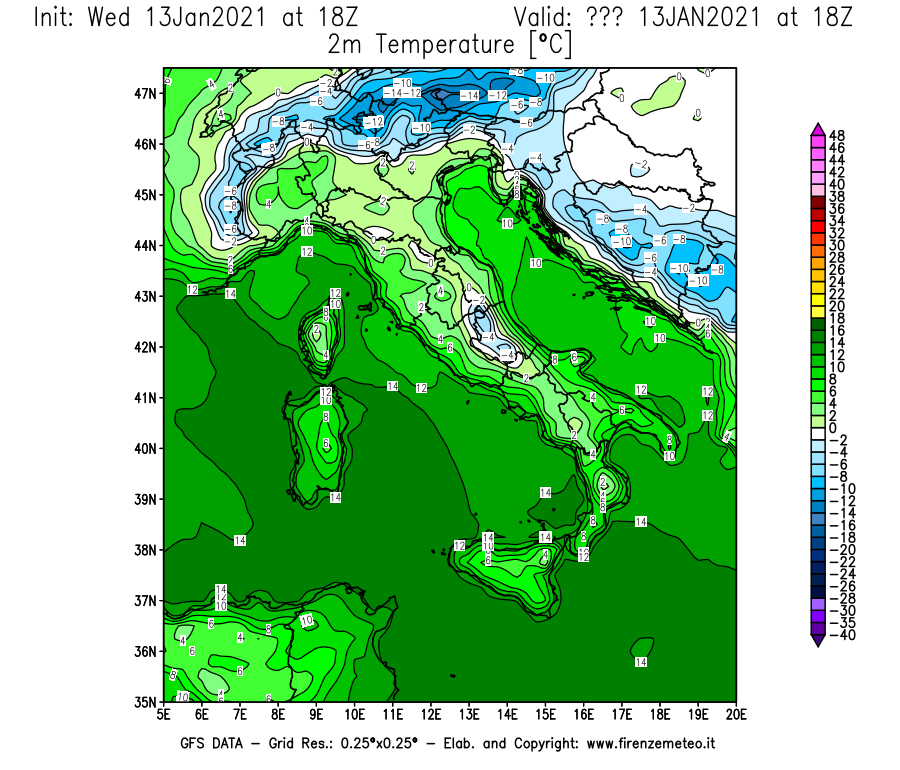 Mappa di analisi GFS - Temperatura a 2 metri dal suolo [°C] in Italia
							del 13/01/2021 18 <!--googleoff: index-->UTC<!--googleon: index-->
