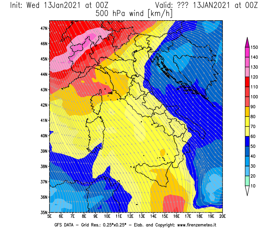 Mappa di analisi GFS - Velocità del vento a 500 hPa [km/h] in Italia
							del 13/01/2021 00 <!--googleoff: index-->UTC<!--googleon: index-->