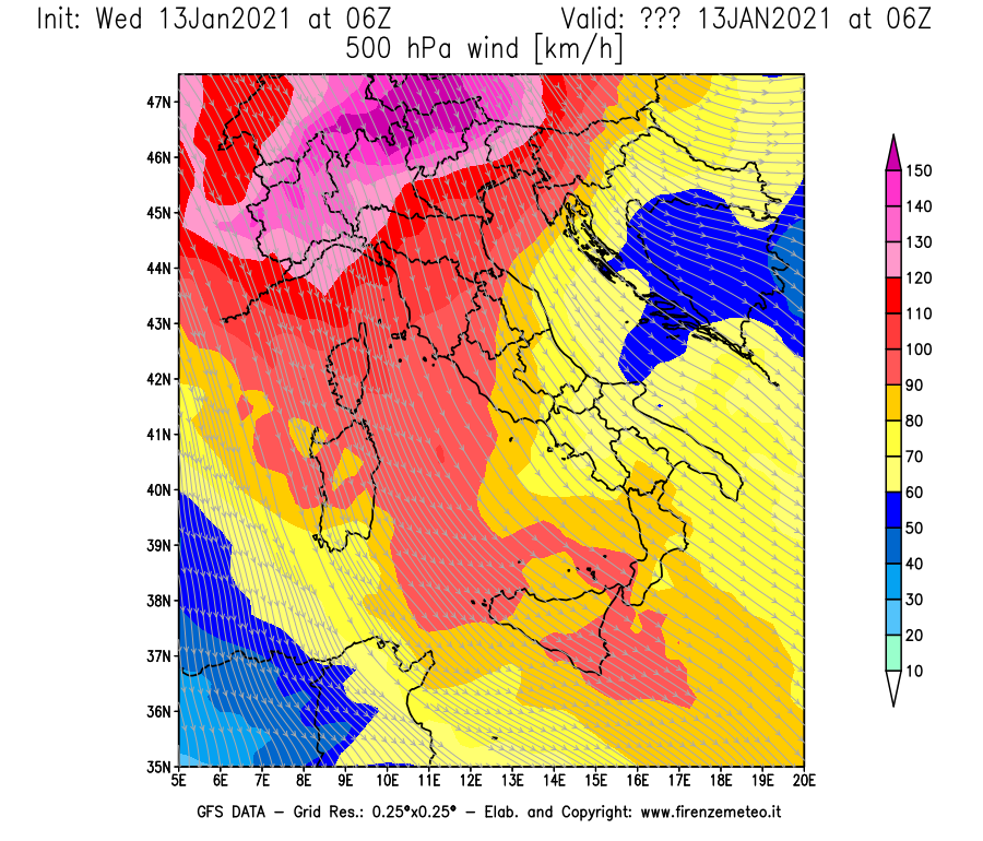 Mappa di analisi GFS - Velocità del vento a 500 hPa [km/h] in Italia
							del 13/01/2021 06 <!--googleoff: index-->UTC<!--googleon: index-->