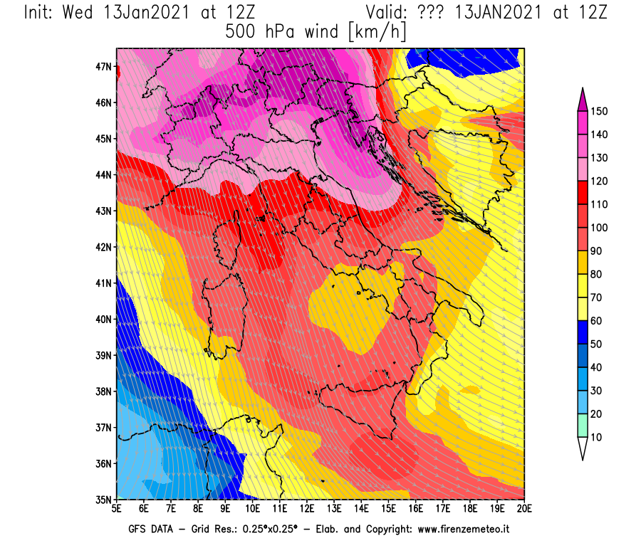 Mappa di analisi GFS - Velocità del vento a 500 hPa [km/h] in Italia
							del 13/01/2021 12 <!--googleoff: index-->UTC<!--googleon: index-->