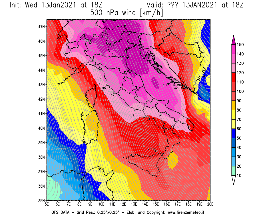 Mappa di analisi GFS - Velocità del vento a 500 hPa [km/h] in Italia
							del 13/01/2021 18 <!--googleoff: index-->UTC<!--googleon: index-->