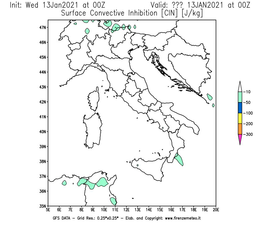 Mappa di analisi GFS - CIN [J/kg] in Italia
							del 13/01/2021 00 <!--googleoff: index-->UTC<!--googleon: index-->