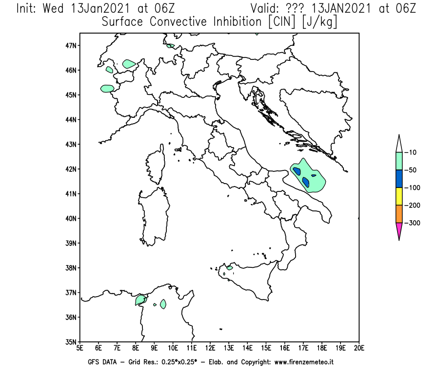 Mappa di analisi GFS - CIN [J/kg] in Italia
							del 13/01/2021 06 <!--googleoff: index-->UTC<!--googleon: index-->