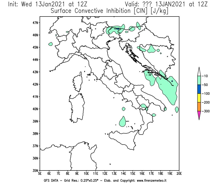 Mappa di analisi GFS - CIN [J/kg] in Italia
							del 13/01/2021 12 <!--googleoff: index-->UTC<!--googleon: index-->