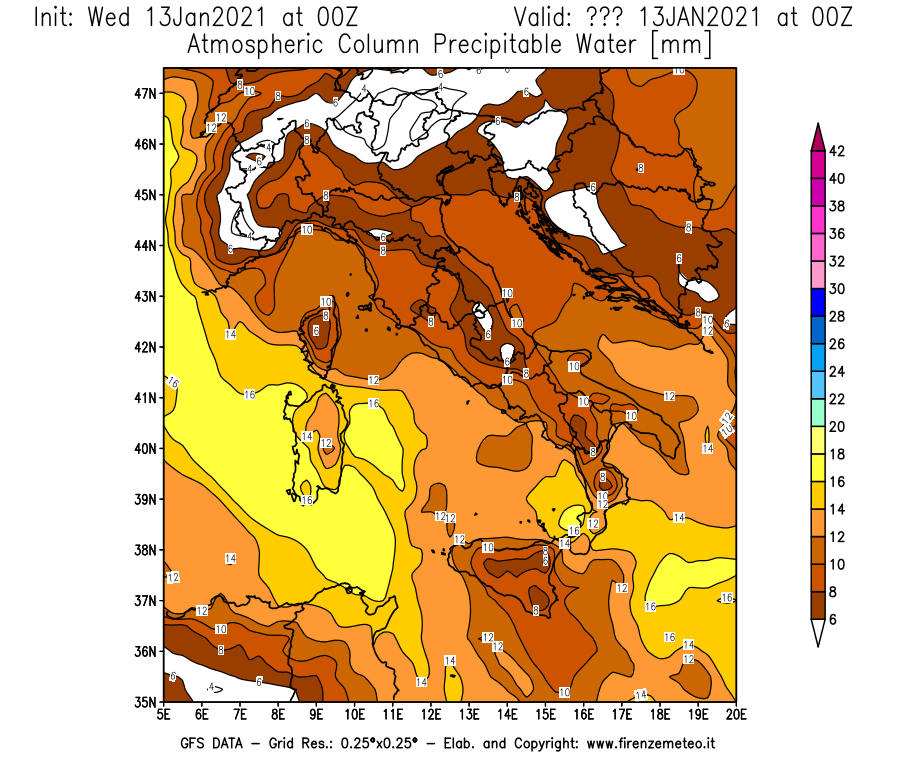 Mappa di analisi GFS - Precipitable Water [mm] in Italia
							del 13/01/2021 00 <!--googleoff: index-->UTC<!--googleon: index-->