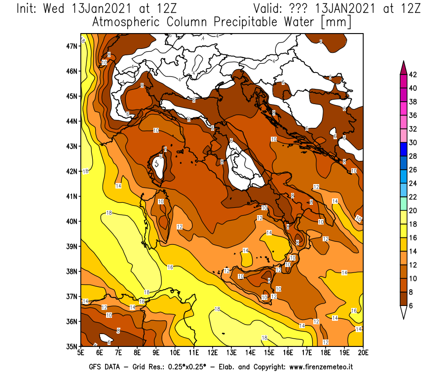 Mappa di analisi GFS - Precipitable Water [mm] in Italia
							del 13/01/2021 12 <!--googleoff: index-->UTC<!--googleon: index-->
