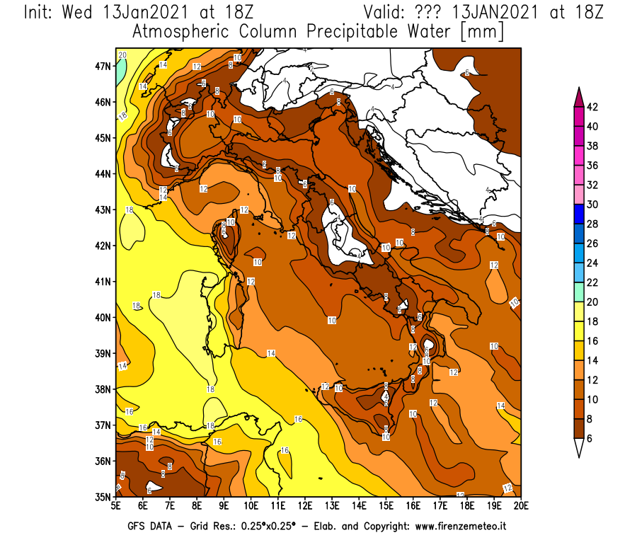 Mappa di analisi GFS - Precipitable Water [mm] in Italia
							del 13/01/2021 18 <!--googleoff: index-->UTC<!--googleon: index-->