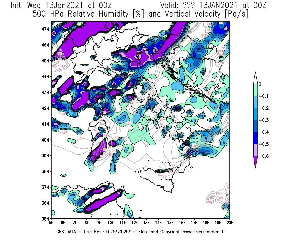Mappa di analisi GFS - Umidità relativa [%] e Omega [Pa/s] a 500 hPa in Italia
							del 13/01/2021 00 <!--googleoff: index-->UTC<!--googleon: index-->